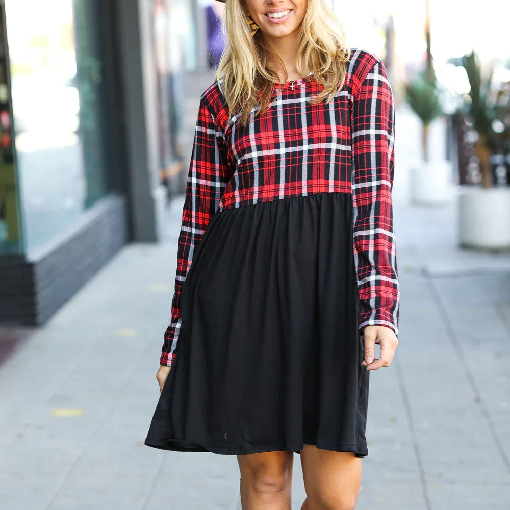 Holiday Plaid Twofer Babydoll Dress | Daverri Fashions