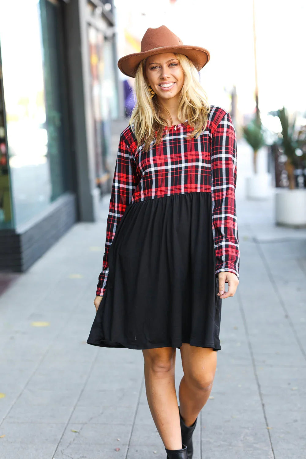 Holiday Plaid Twofer Babydoll Dress | Daverri Fashions