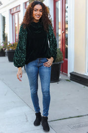 Under the Lights Green Velvet & Sequin Frill Mock Neck Top | Daverri Fashions