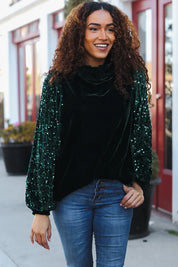 Under the Lights Green Velvet & Sequin Frill Mock Neck Top | Daverri Fashions