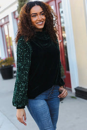 Under the Lights Green Velvet & Sequin Frill Mock Neck Top | Daverri Fashions