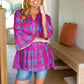 Back To Basics Fuchsia Plaid Notched Neck Babydoll Top - DAVERRI FASHIONS