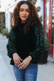 Under the Lights Green Velvet & Sequin Frill Mock Neck Top | Daverri Fashions