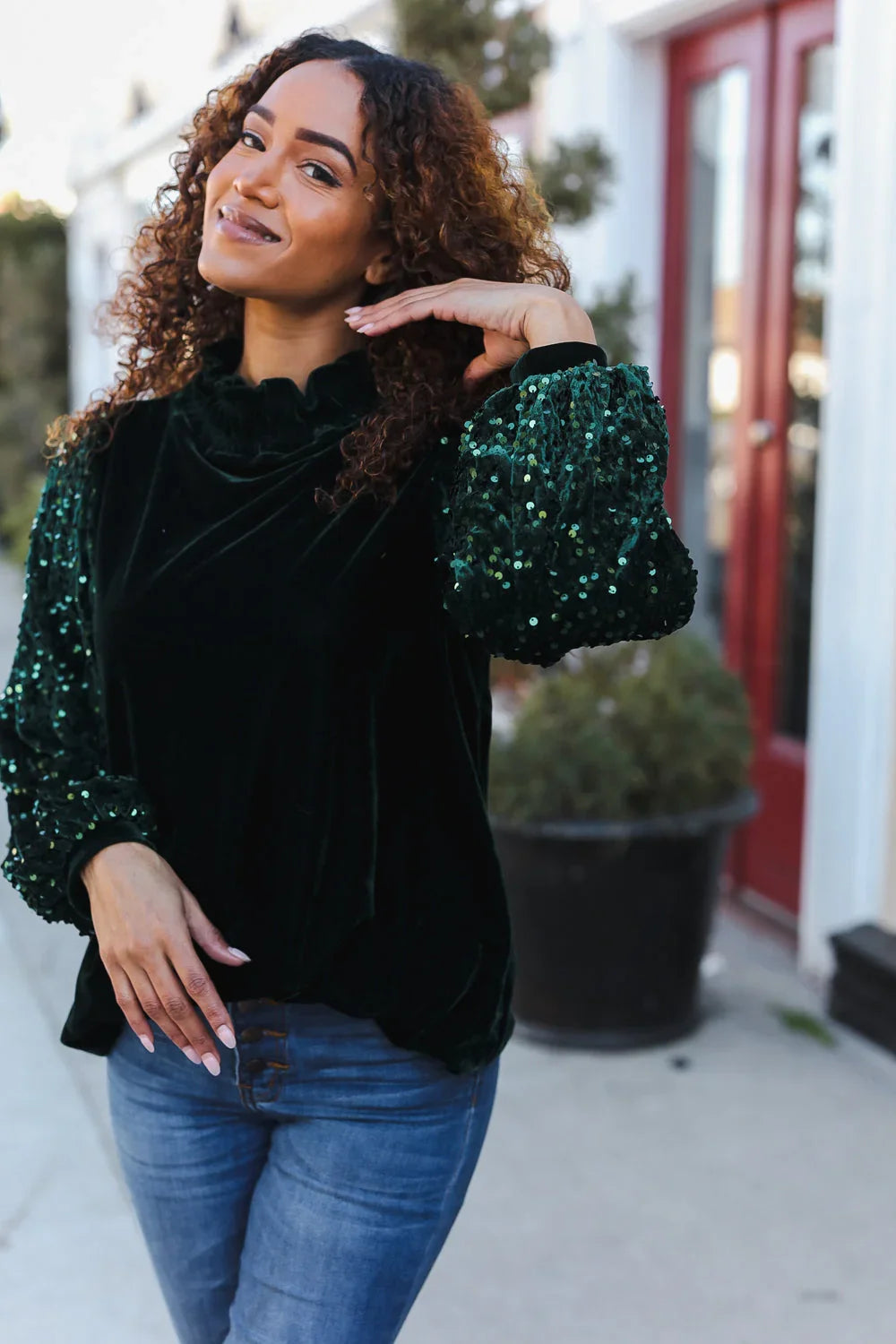 Under the Lights Green Velvet & Sequin Frill Mock Neck Top | Daverri Fashions
