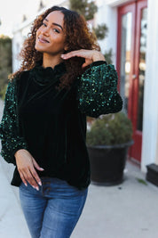 Under the Lights Green Velvet & Sequin Frill Mock Neck Top | Daverri Fashions