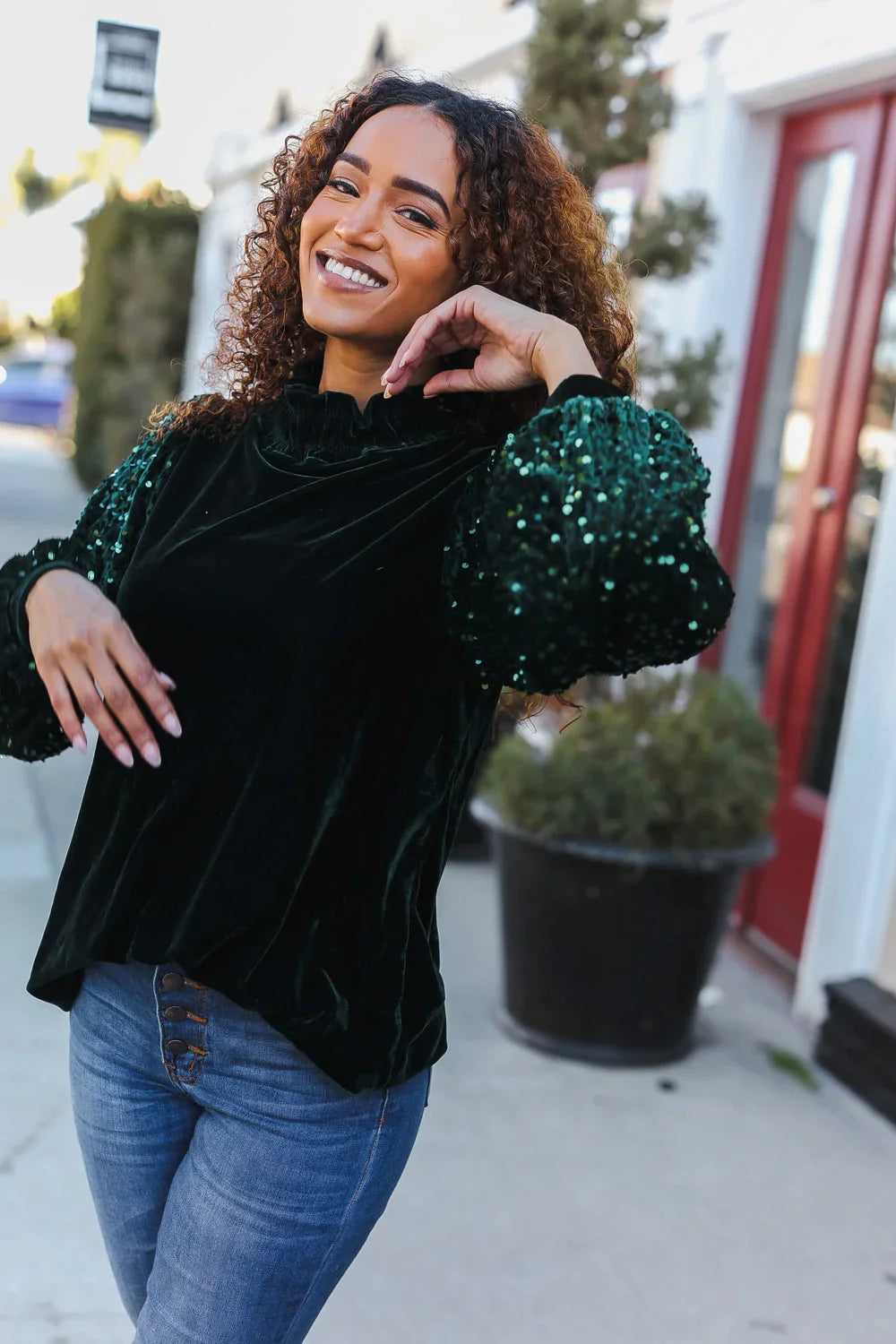 Under the Lights Green Velvet & Sequin Frill Mock Neck Top | Daverri Fashions
