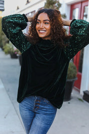 Under the Lights Green Velvet & Sequin Frill Mock Neck Top | Daverri Fashions