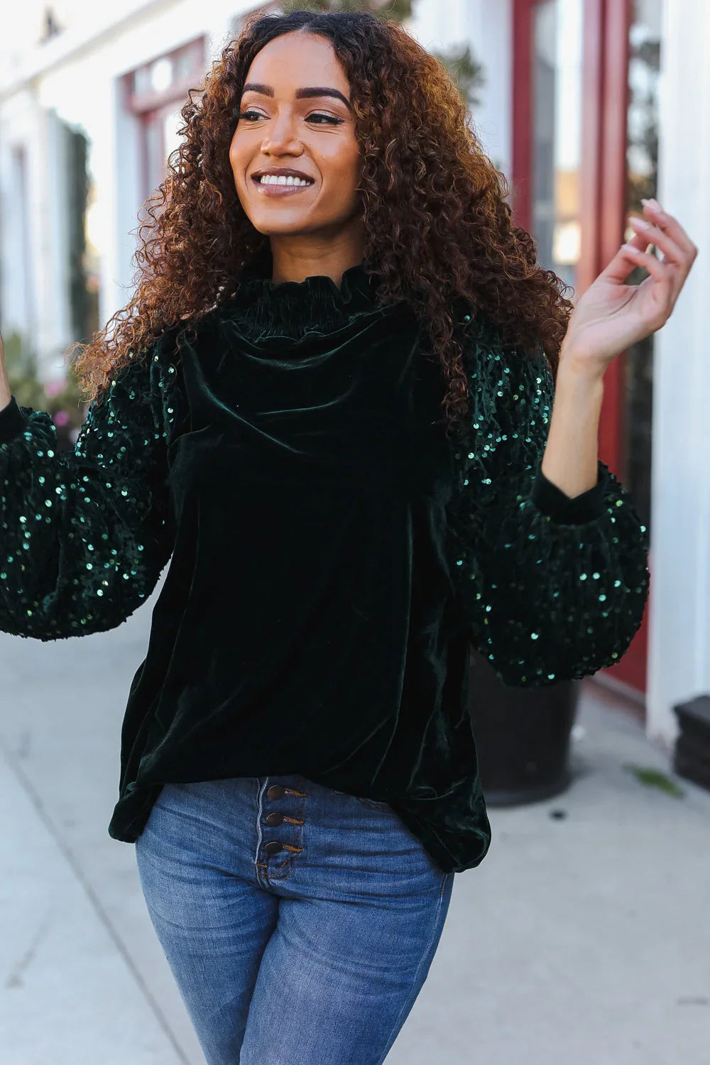 Under the Lights Green Velvet & Sequin Frill Mock Neck Top | Daverri Fashions