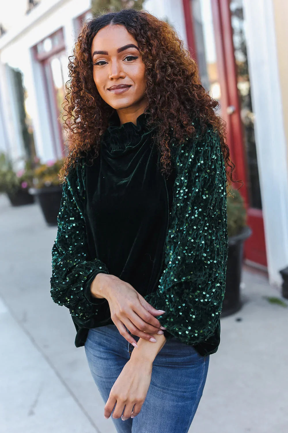 Under the Lights Green Velvet & Sequin Frill Mock Neck Top | Daverri Fashions