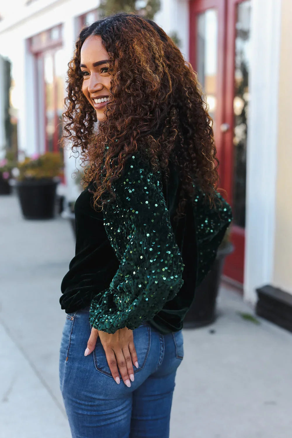 Under the Lights Green Velvet & Sequin Frill Mock Neck Top | Daverri Fashions