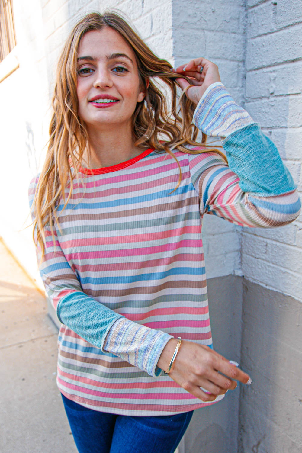 Colorful Coral Taupe Multistrip Rib Top with Teal Sleeves