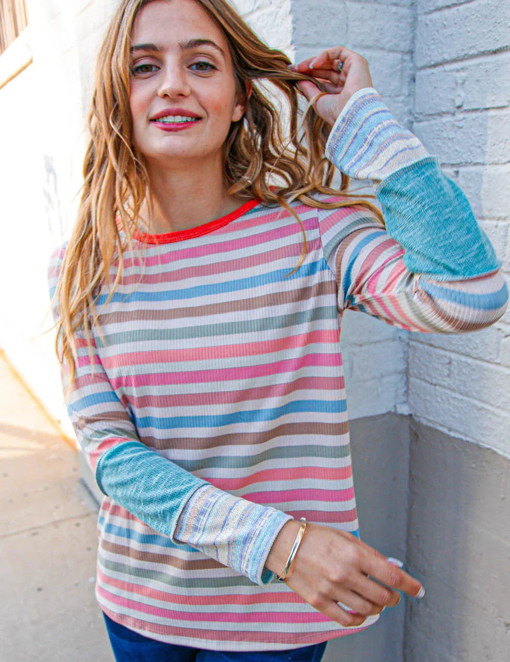 Coral Taupe Multistrip Rib Out Seam Detail Top | Daverri Fashions