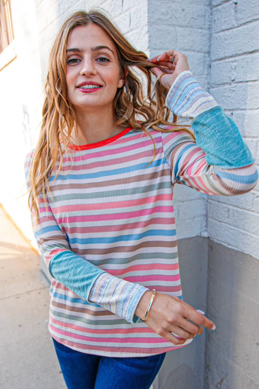 Coral Taupe Multistrip Rib Out Seam Detail Top | Daverri Fashions