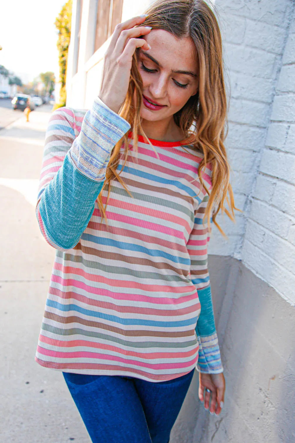 Coral Taupe Multistrip Rib Out Seam Detail Top | Daverri Fashions