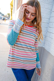 Coral Taupe Multistrip Rib Out Seam Detail Top | Daverri Fashions