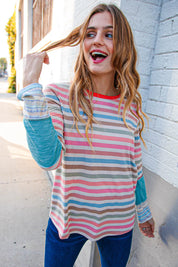 Coral Taupe Multistrip Rib Out Seam Detail Top | Daverri Fashions