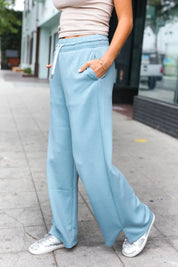 Weekend Ready Blue Grey Scuba Knit Drawstring Wide Leg Pants | Daverri Fashions