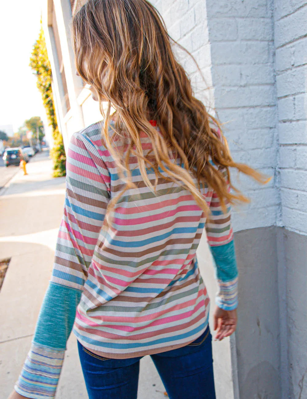 Coral Taupe Multistrip Rib Out Seam Detail Top | Daverri Fashions