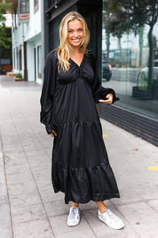 Elegant Black Elastic V Neck Tiered Satin Maxi Dress | 2024 Blow-Out Sale Daverri Fashions