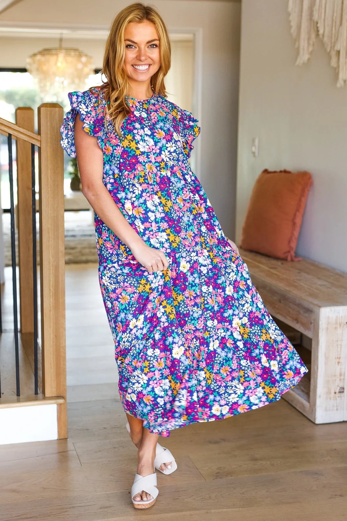 Just A Dream Navy Floral Smocked Ruffle Sleeve Maxi Dress | Daverri Fashions