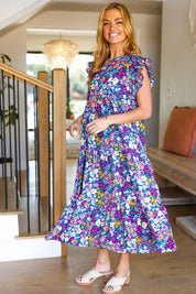Just A Dream Navy Floral Smocked Ruffle Sleeve Maxi Dress | Daverri Fashions