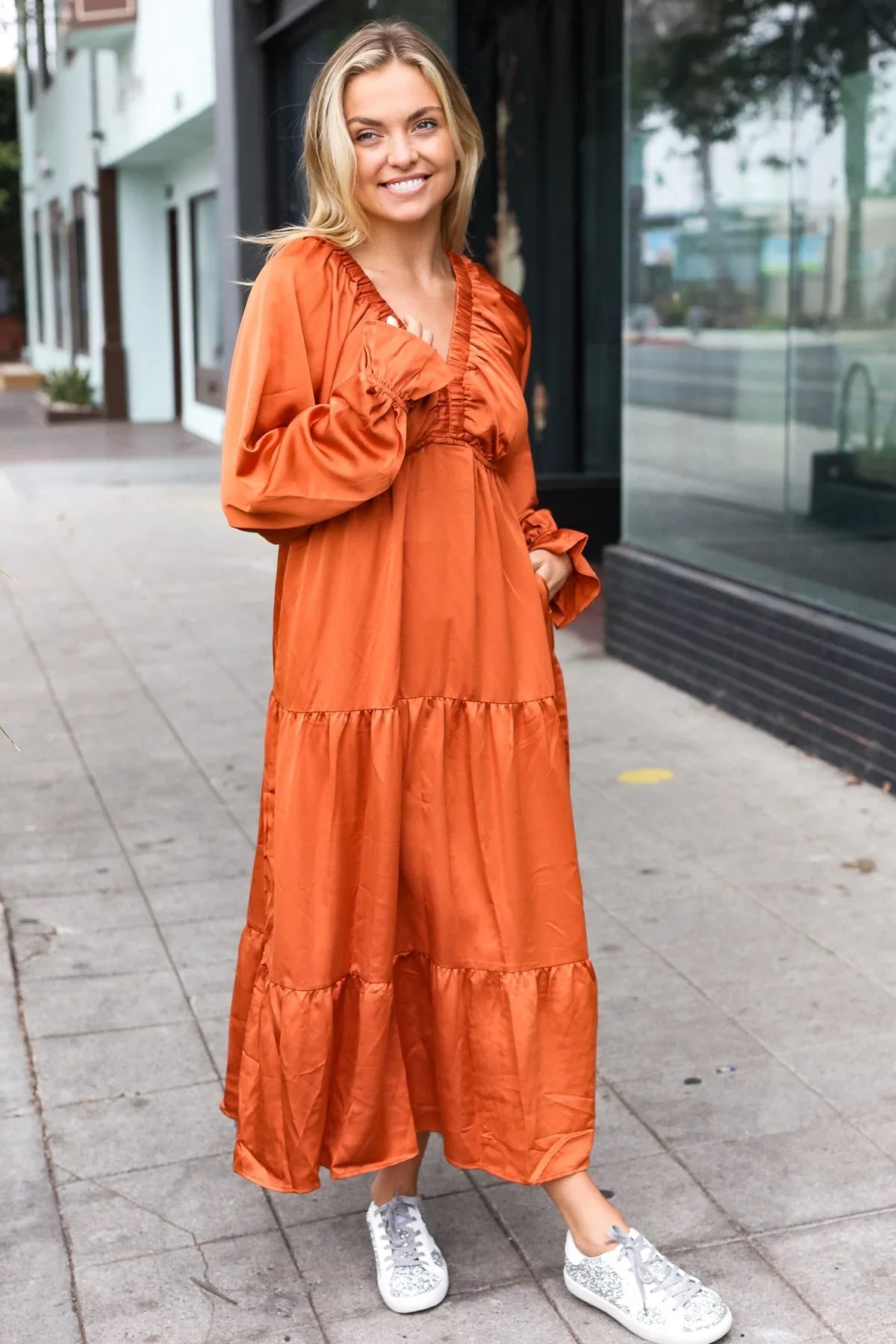 Elegant Rust Elastic V Neck Tiered Satin Maxi Dress | Daverri Fashions