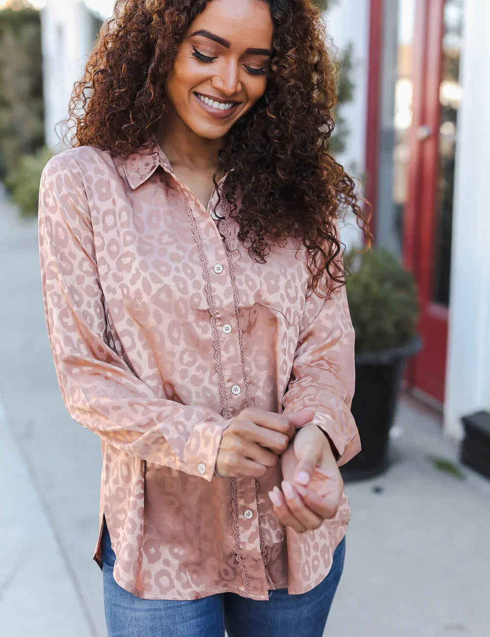 Diva Dreams Neude Animal Print Button Down Lace Shirt Top | Daverri Fashions