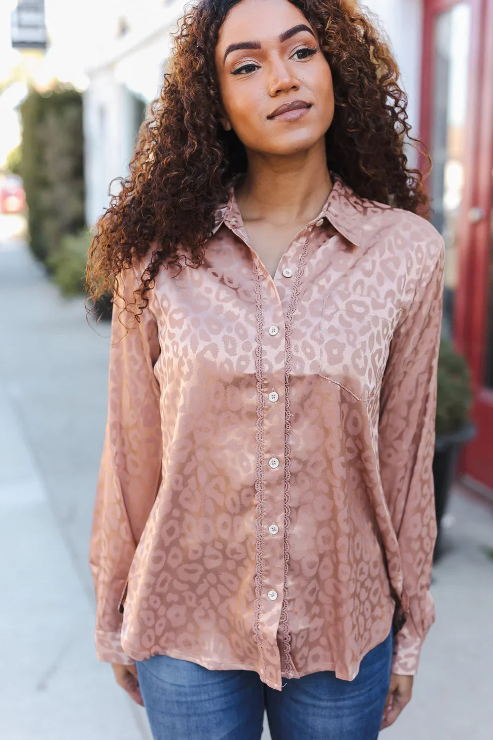 Diva Dreams Neude Animal Print Button Down Lace Shirt Top | Daverri Fashions
