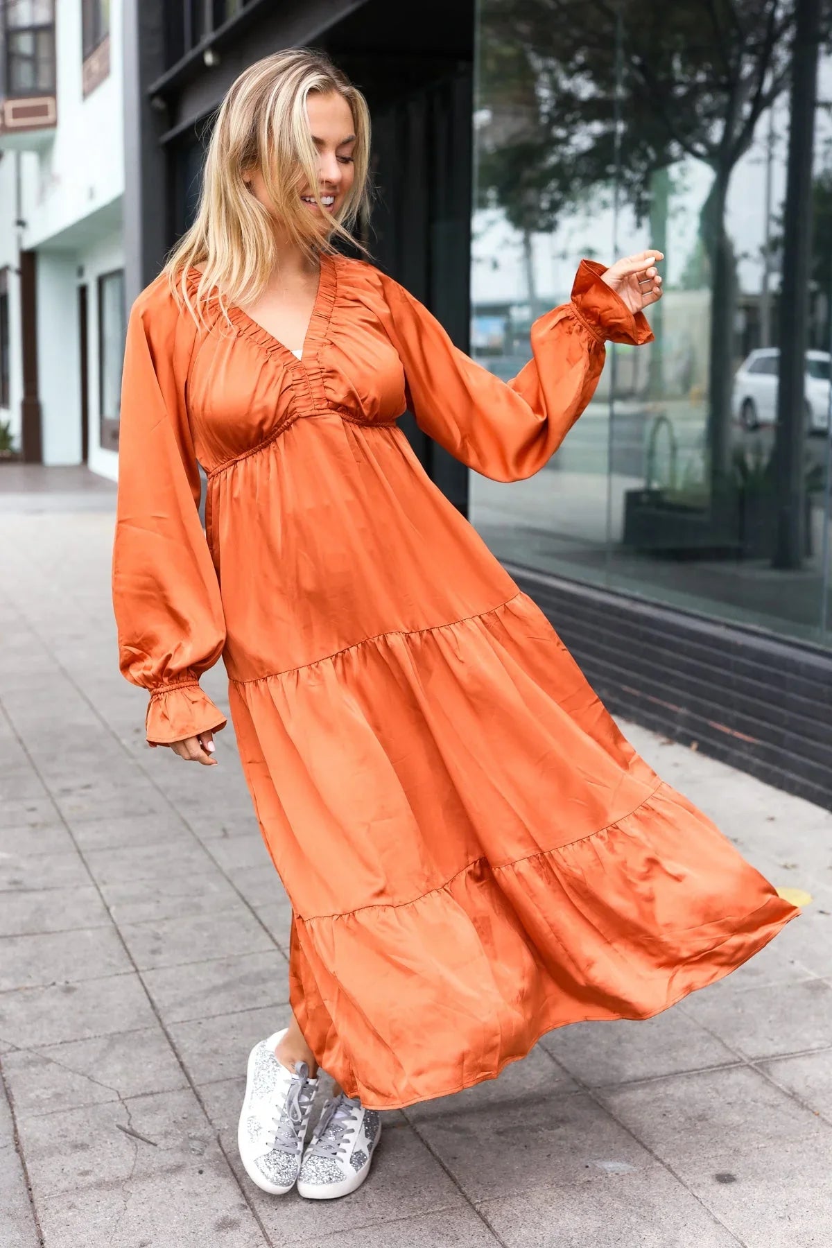 Elegant Rust Elastic V Neck Tiered Satin Maxi Dress | Daverri Fashions