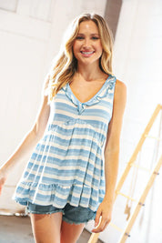 Blue Stripe V Neck Ruffle Hem French Terry Top | Daverri Fashions