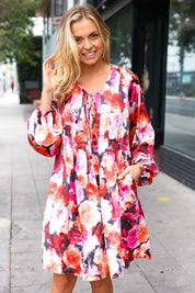 Diva Dreams Coral & Charcoal Floral Tie Neck Pintuck Satin Dress | Daverri Fashions