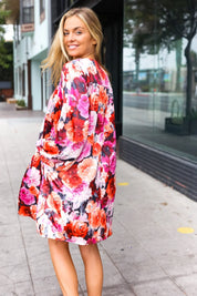 Diva Dreams Coral & Charcoal Floral Tie Neck Pintuck Satin Dress | Daverri Fashions