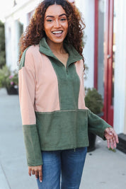 Holiday Vibes Taupe/Green Fleece Zip Up Cinched Hem Pullover | Daverri Fashions