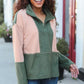 Holiday Vibes Taupe/Green Fleece Zip Up Cinched Hem Pullover - DAVERRI FASHIONS