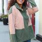Holiday Vibes Taupe/Green Fleece Zip Up Cinched Hem Pullover - DAVERRI FASHIONS