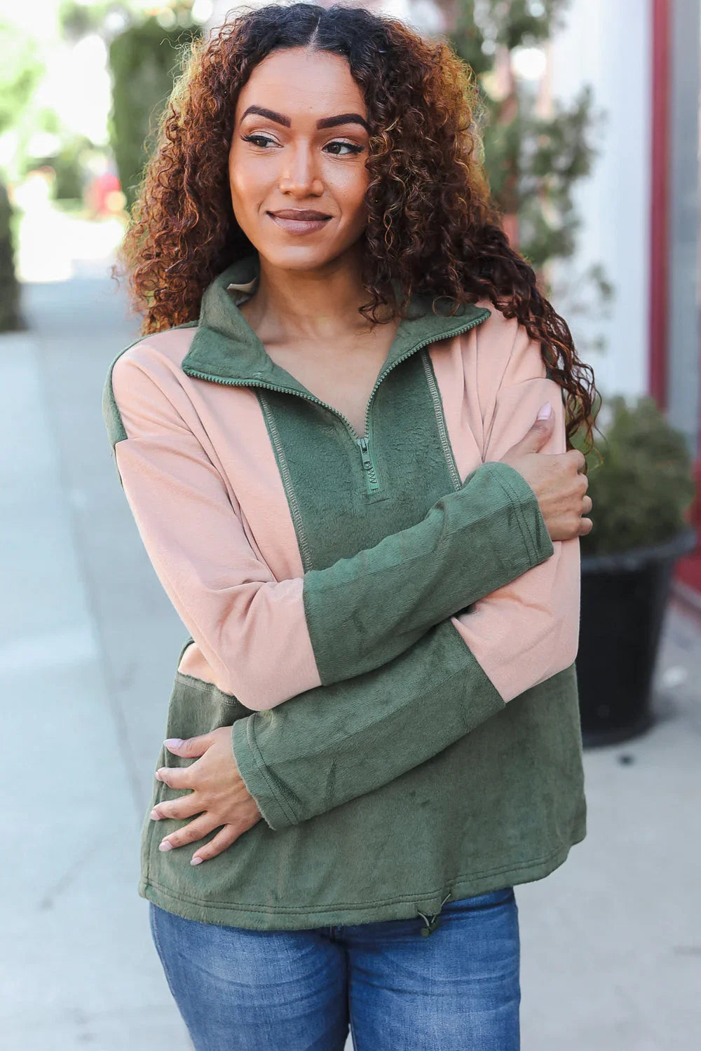 Holiday Vibes Taupe/Green Fleece Zip Up Cinched Hem Pullover | Daverri Fashions