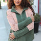 Holiday Vibes Taupe/Green Fleece Zip Up Cinched Hem Pullover - DAVERRI FASHIONS