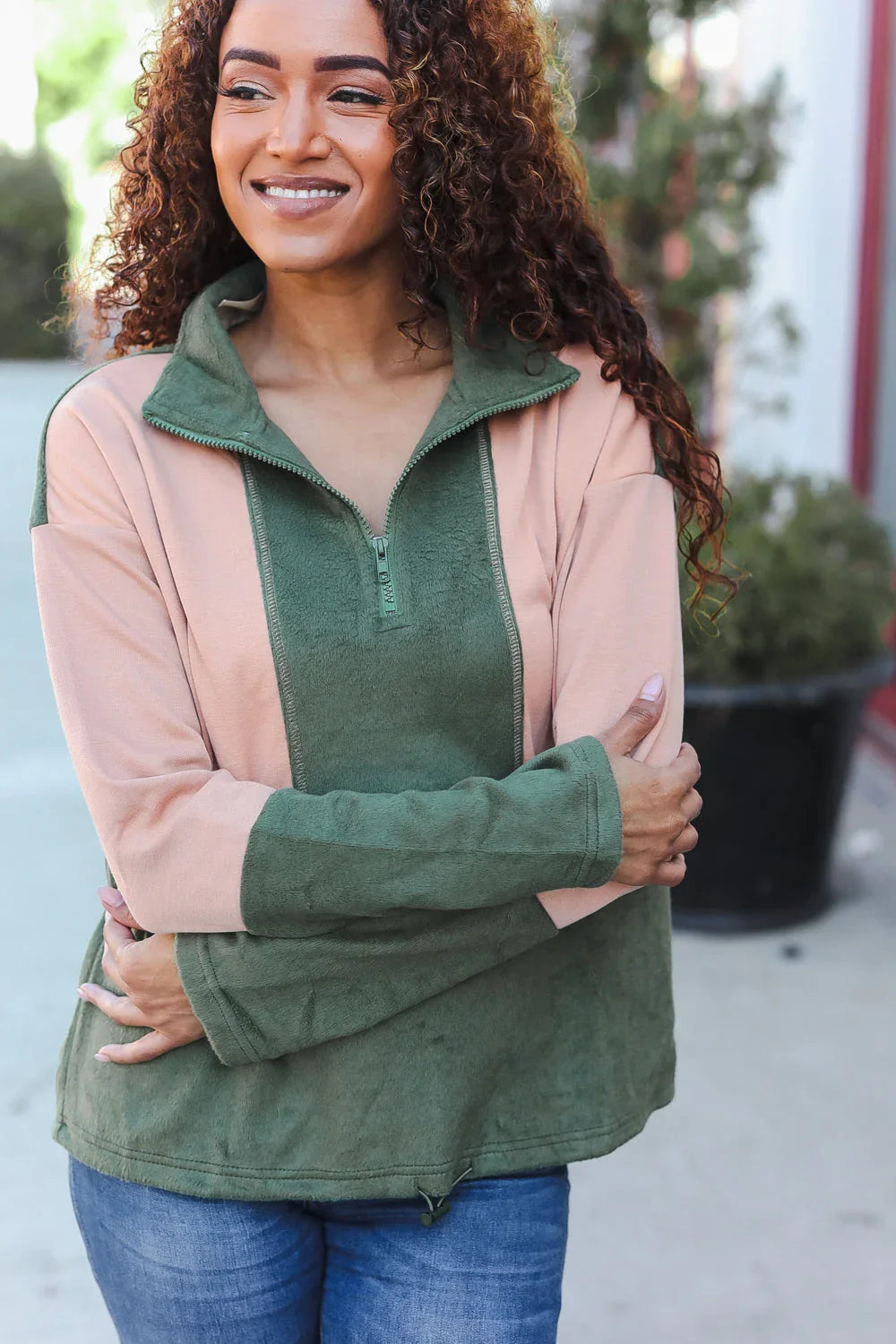 Holiday Vibes Taupe/Green Fleece Zip Up Cinched Hem Pullover | Daverri Fashions