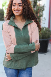 Holiday Vibes Taupe/Green Fleece Zip Up Cinched Hem Pullover | Daverri Fashions
