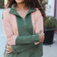 Holiday Vibes Taupe/Green Fleece Zip Up Cinched Hem Pullover - DAVERRI FASHIONS