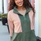 Holiday Vibes Taupe/Green Fleece Zip Up Cinched Hem Pullover - DAVERRI FASHIONS