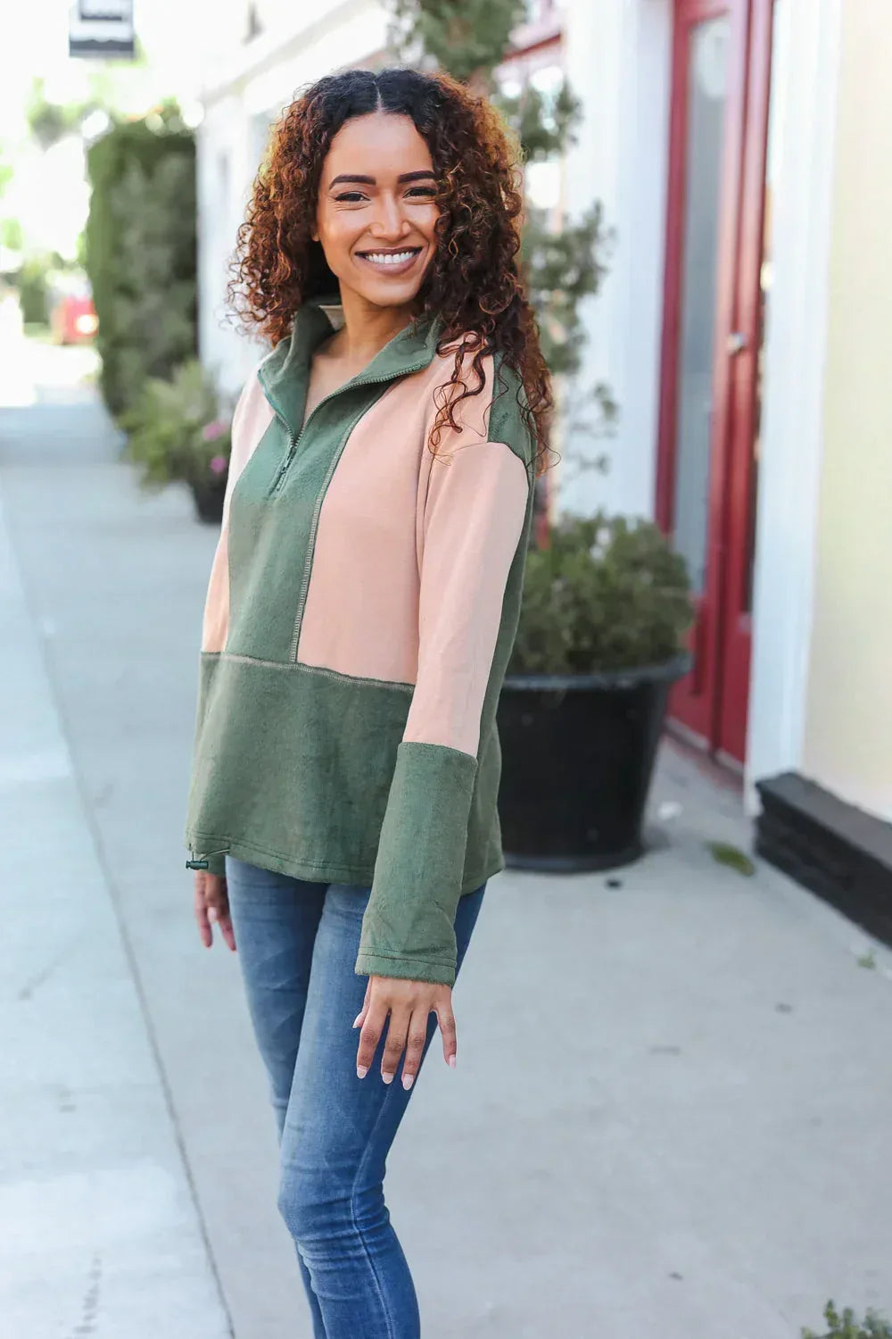 Holiday Vibes Taupe/Green Fleece Zip Up Cinched Hem Pullover - DAVERRI FASHIONS