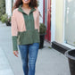 Holiday Vibes Taupe/Green Fleece Zip Up Cinched Hem Pullover - DAVERRI FASHIONS