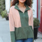Holiday Vibes Taupe/Green Fleece Zip Up Cinched Hem Pullover - DAVERRI FASHIONS
