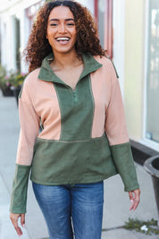 Holiday Vibes Taupe/Green Fleece Zip Up Cinched Hem Pullover | Daverri Fashions