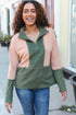 Holiday Vibes Taupe/Green Fleece Zip Up Cinched Hem Pullover - DAVERRI FASHIONS