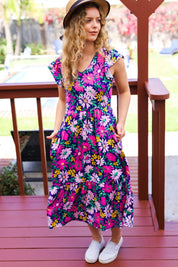 Diva Dreams Navy & Lilac Floral Fit & Flare Midi Dress | Daverri Fashions