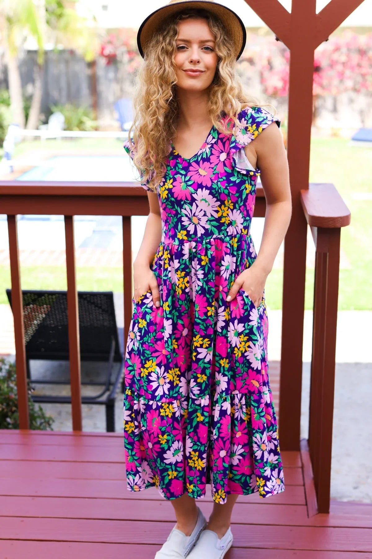 Diva Dreams Navy & Lilac Floral Fit & Flare Midi Dress | Daverri Fashions