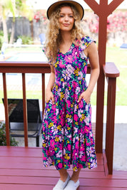 Diva Dreams Navy & Lilac Floral Fit & Flare Midi Dress | Daverri Fashions