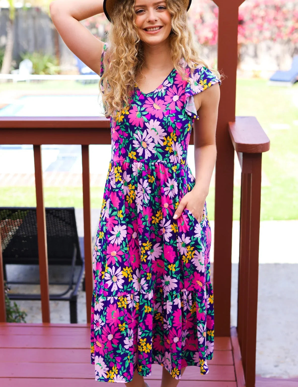 Diva Dreams Navy & Lilac Floral Fit & Flare Midi Dress | Daverri Fashions